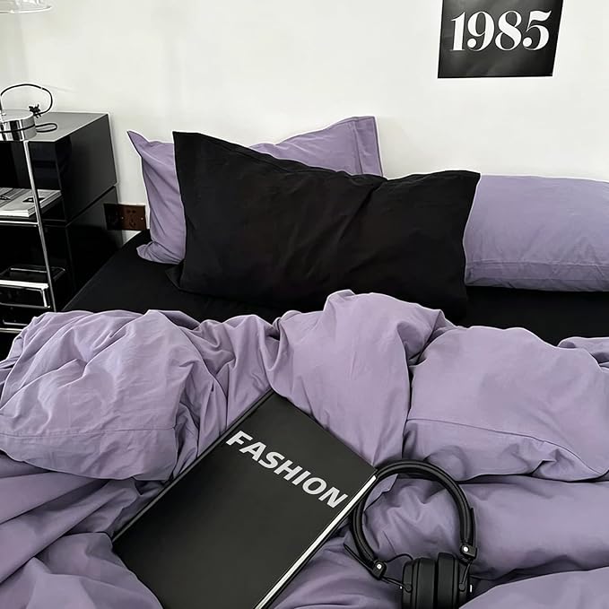 mixinni Solid Purple Duvet Cover Set Queen Size - 100% Washed Cotton 3-Piece Minimalist Bedding Set, Ultra Soft Breathable Solid Color Purple Comforter Cover with Zipper & Corner Ties, King Size