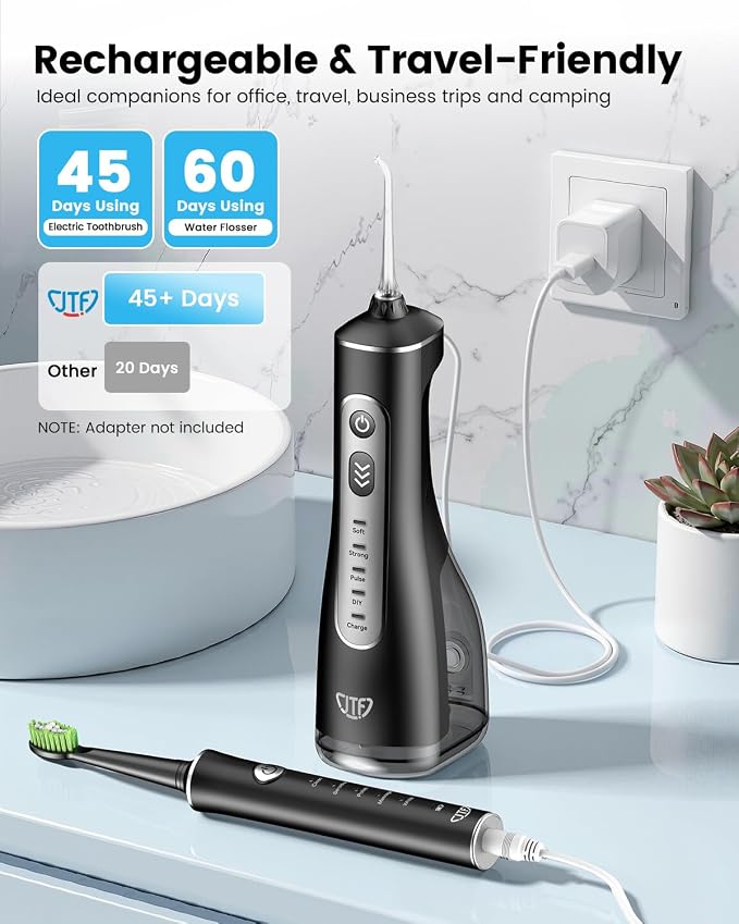 JTF Electric Toothbrush & Water Flosser Combo, 2-1 Portable Oral Clean Kit | Effective Yet Gentle Brushing & Flossing, Multiple Modes for Braces & Sensitive Teeth Care, Cordless for Home Travel, Black