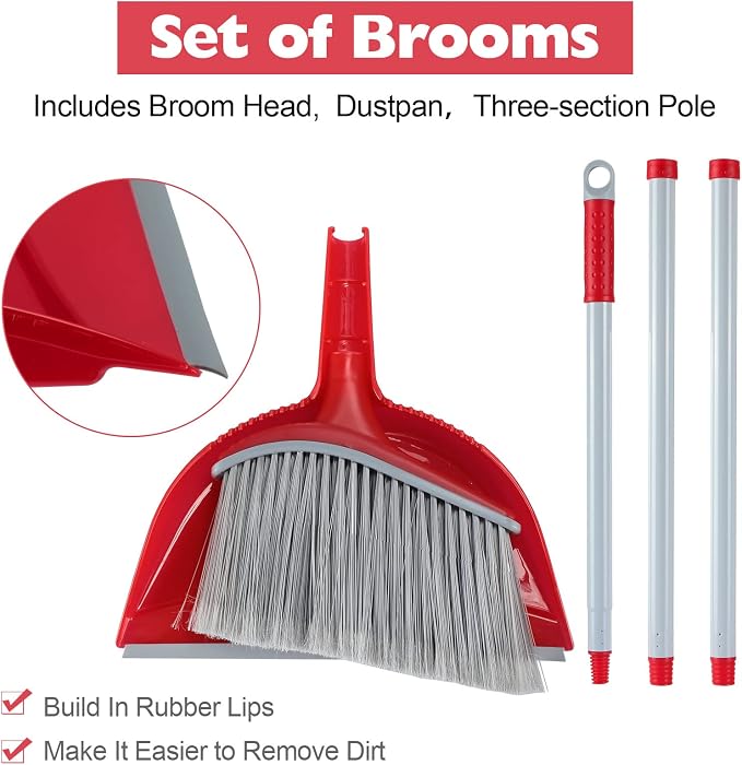Meanplan 4 Pcs Angle Broom and Dustpan Combo Set for School Classroom 54'' Outdoor Indoor Cleaning Broom Commercial Broom with Step-on Dustpan for Home Kitchen Office Floor Dirt Dust Hair Cleaning