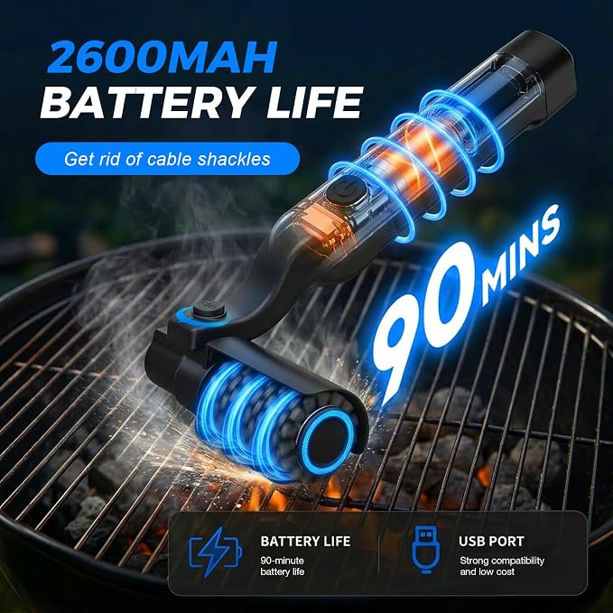 Cordless Electric Grill Brush, 2026 New Upgraded 3-Speed Rechargeable BBQ Cleaner with Stainless Steel Bristles, Non-Scratch Safe for Gas, Porcelain & Cast Iron Grills, Heavy Duty Grill Cleaning Tool