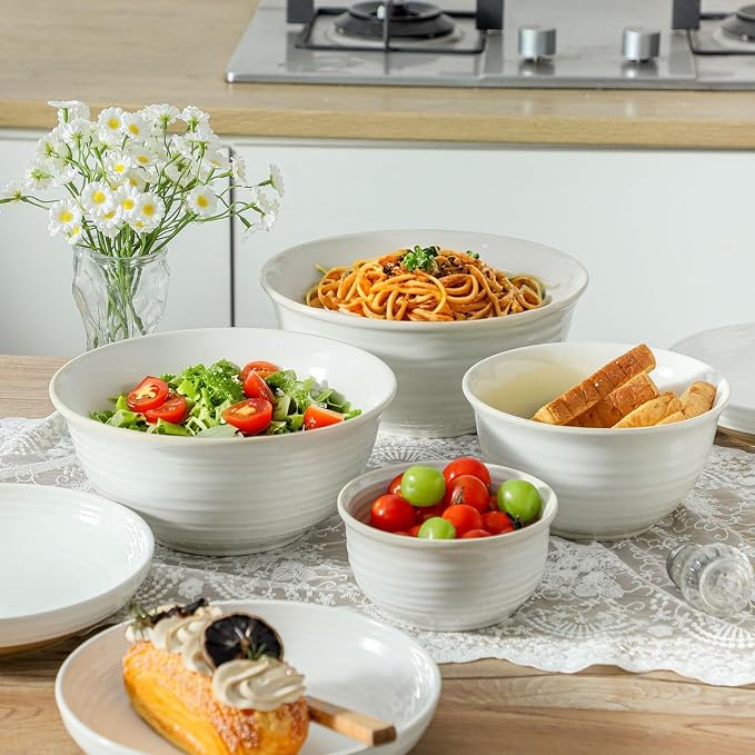 Hasense Porcelain Mixing Bowls, 2.8/2.1/1.0/0.5 Qt, Handmade Large Salad Serving Bowls for Kitchen, Deep Nesting Dishes for Cooking and Baking, Microwave Dishwasher Safe, Clay-Infused White