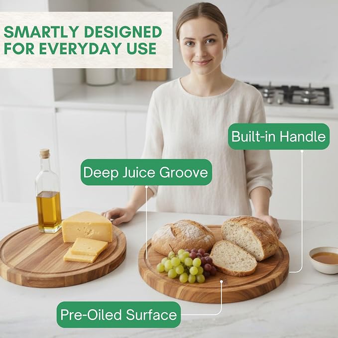 Round Acacia Wood Cutting Boards for Kitchen, 1.5 in Thick Butcher Block Construction for Stability, 12 x 12 in Round Cutting Boards with Gift Box, Juice Groove and Handle