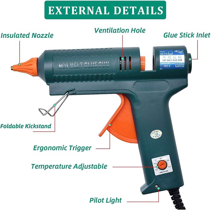 BOSWELL 150W Full Size Hot Glue Gun with 6 Copper Nozzles, Luxury Set | 150 Watts Temperature Adjustable Professional Craft Repair Melting Thermo DIY Tool Includes 5Pcs Highly Viscous Glue Sticks