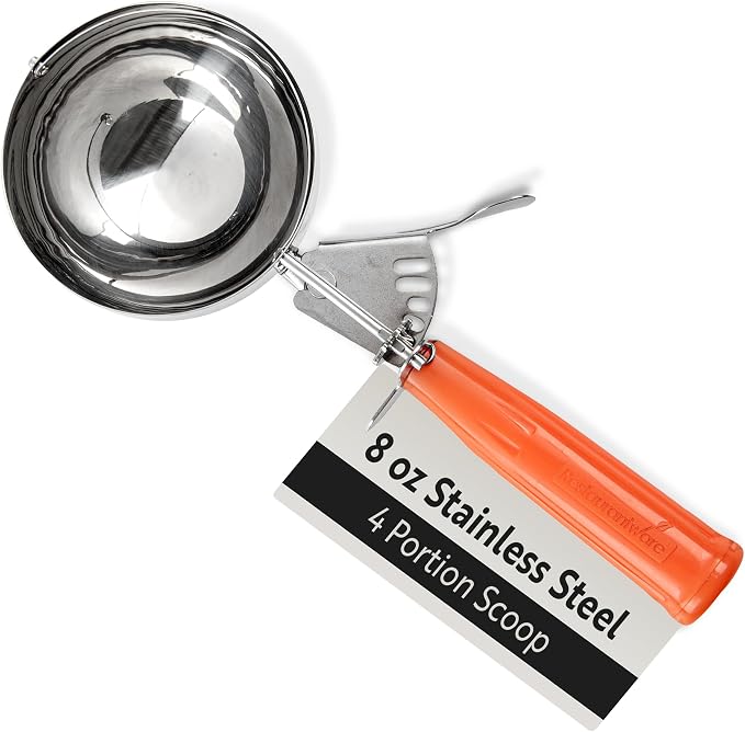 Restaurantware Met Lux 8 Ounce Portion Scoop 1 Durable Disher Scoop - Thumb Trigger Orange Stainless Steel Ice cream Disher For Portion Control For Ice Cream Mashed Potato And Cookie Batter
