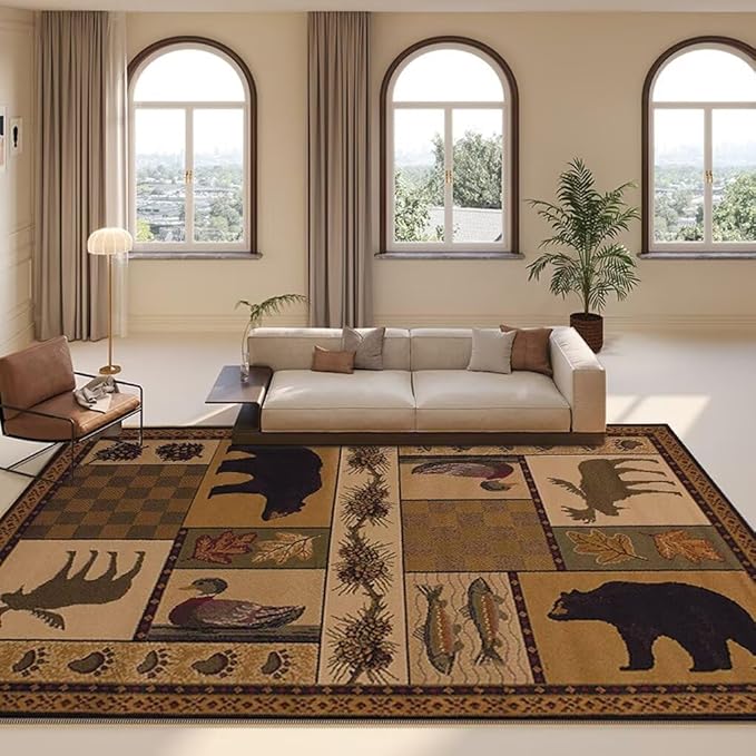 Vintage Lodge Cabin Bear Rugs 2ftx3ft Western Wildlife Print Area Rug for Bathroom Entryway Non-Slip Elk Deerlet Bear Print Carpet Indoor Floor Pad