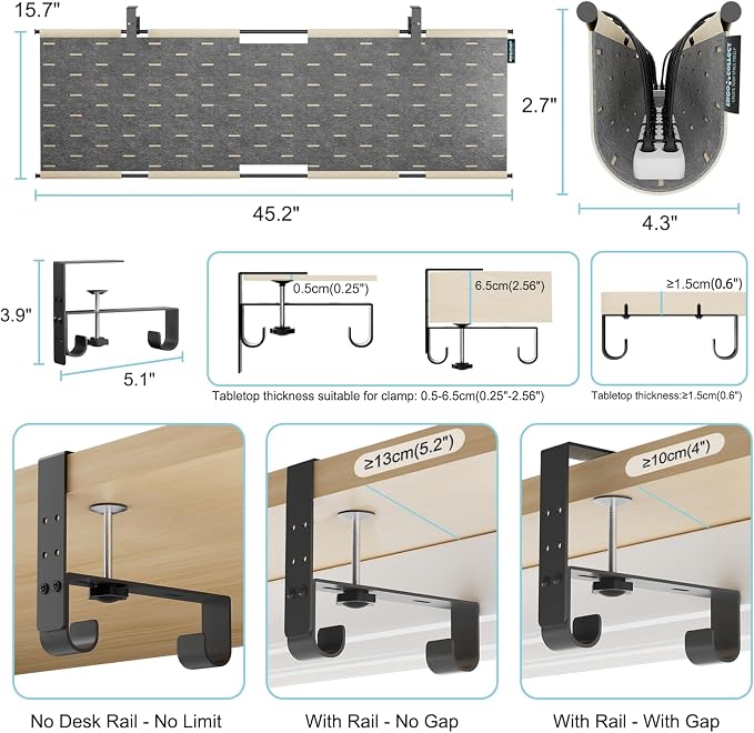 No Drill Under Desk Cable Management Tray, 45.2" Felt Cord Organizer | Clamp or Screw Mount, Converts to Privacy Panel, Pegboard Design, Wire Management for Standing Desk & Home Office