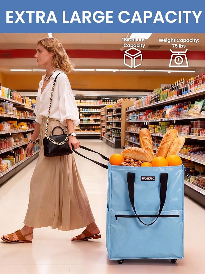 WORKPRO Medium Rolling Grocery Bag, 18-Gallon Shopping Tote with 4 Wheels | Reusable Grocery Bag on Wheels, Holds Up to 75 lbs, Heavy Duty Rolling Tote for Laundry, Groceries, Moving & Dorm Storage