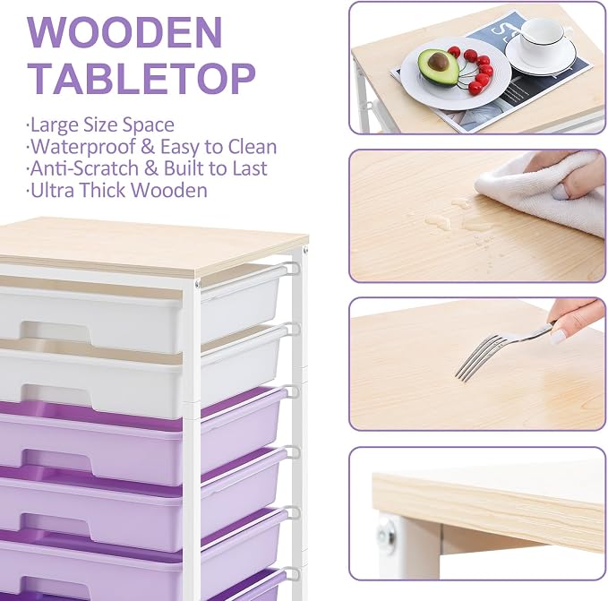 SYKIARIOL Rolling Cart with Drawers,Utility Cart With 8 Drawers and Wooden Tabletop for Living Room,Classroom,Bedroom,Bathroom,Dorm,Office,Purple