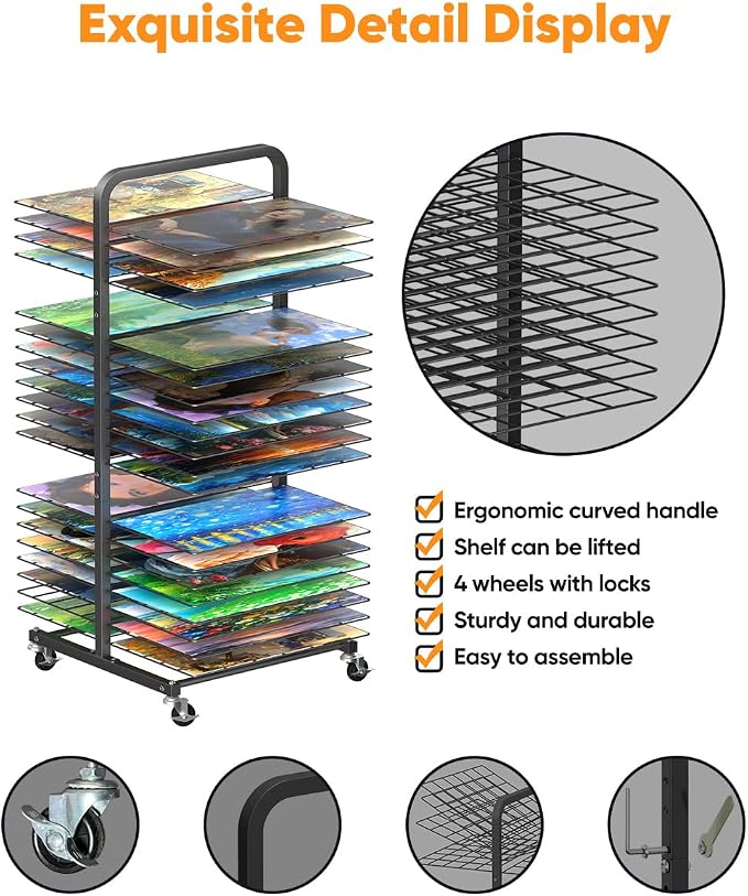 Art Drying Rack with 40 Removable Shelves, Mobile Metal Paint Drying Stand with Lockable Wheels, Functional Canvas Rack Art Storage for Artwork in Classrooms, Art Studios and Schools, Black