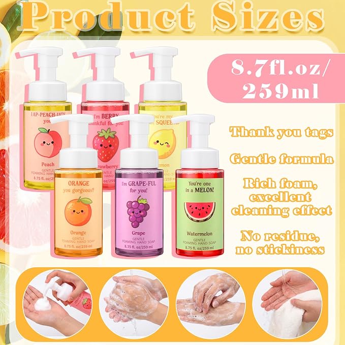 6 Pack Funny Fruit Foaming Hand Soap with Pump Care Moisturizing Liquid Fresh Flavor Foam Hand Wash Teacher Appreciation Gift Bulk Motivational Pun Gift for Nurse Employee Staff Graduation, 8.75 Fl oz