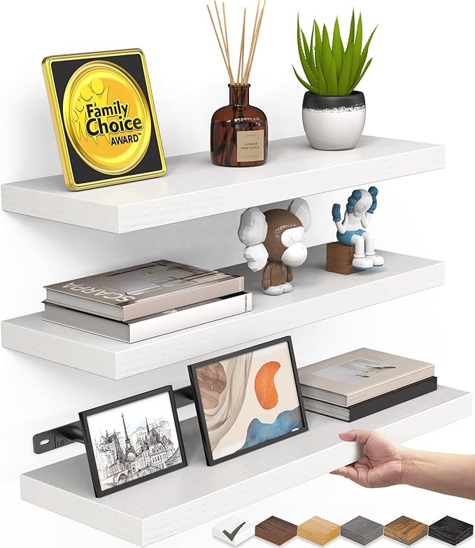 BAYKA White Floating Shelves for Wall, Set of 3, Rustic Wood Wall Shelves with Metal Brackets for Bathroom, Bedroom, Kitchen, or Living Room Decor Organization, Sturdy Storage with 22lb Capacity