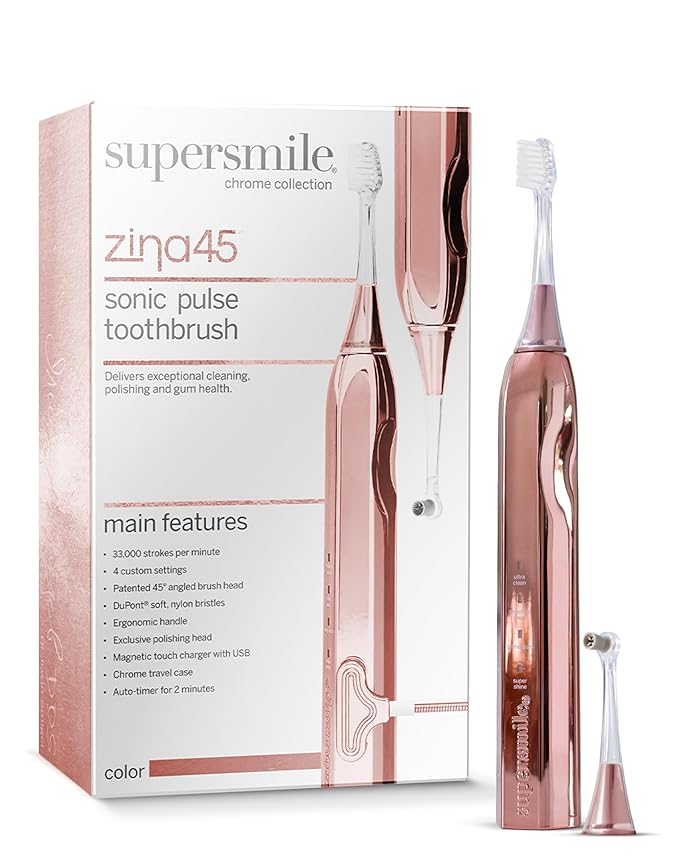 Supersmile Zina45™ Deluxe Sonic Pulse Toothbrush – Rechargeable Electric Brush with Angled Head & Travel Case – for Whiter Teeth and Healthier Gums, Rose Gold