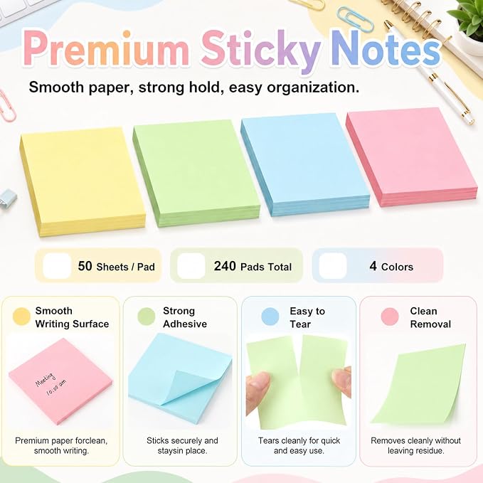 Fainne 240 Pack Sticky Notes Bulk 3 x 3 inch Self Stick Note Pads Multicolor Paper Memo for Office School Supplies Student Teacher Classroom Back to School Essentials, 50 Sheet/Pad (Simple Color)