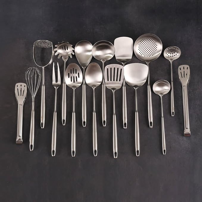 18/10 Stainless Steel Cooking Utensils Set - 16 PCS All Metal Utensils | Kitchen Tools - Whisk, Masher, Fork, Tong, Solid Slotted Spoon, Spatula, Turner, Ladle, Skimmer, Pasta, Small Large Spoon Set