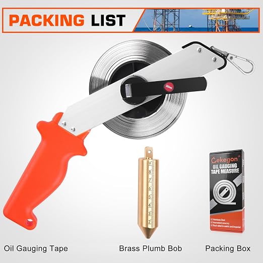 Cekegon Oil Gauging Tape, Stainless Steel Sounding Tape Measure, Oil Tank Gauging Tape with Brass Plumb Bob (98ft-12oz)