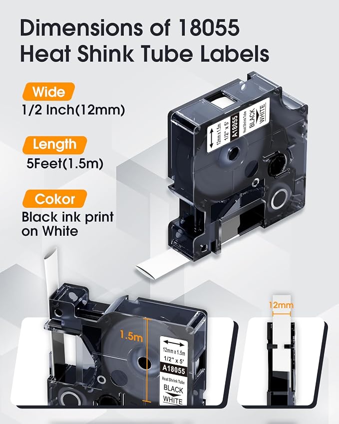 18055 Compatible Industrial Heat Shrink Labels 12mm A18055 | Replacement for DYMO 1/2" Tube for DYMO Rhino 4200 5200 5000 6000 1000 Label Maker, Black on White, 1/2" x 4.9', 4-Pack