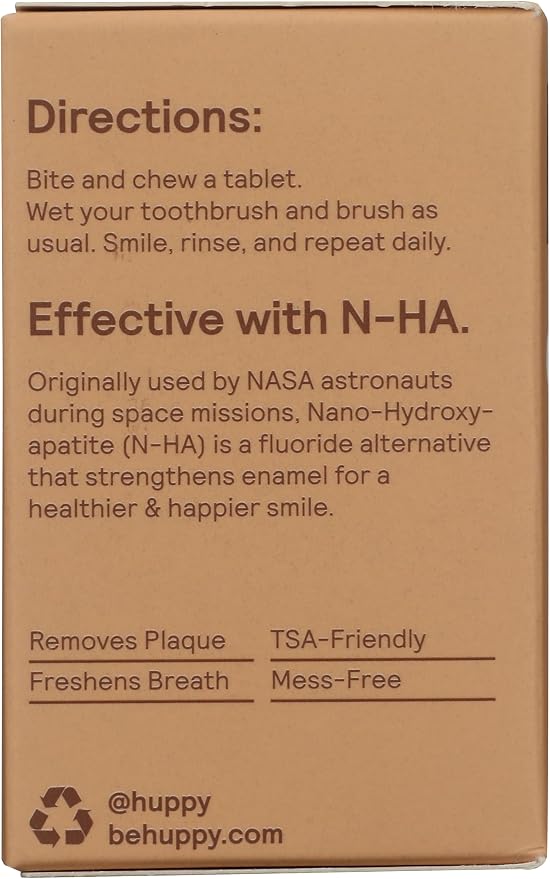 Huppy Toothpaste Tablets, Nano Hydroxyapatite, Fluoride Free and Plastic Free, Natural Whitening, Remineralizing, SLS Free, Travel Friendly Chewable Tabs, Cinnamon Flavor, 62 Count (1 Month Supply)