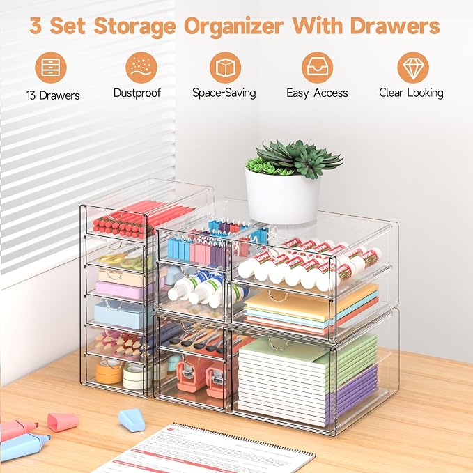 Makeup Drawer Storage Organizer with 13 Drawers, 3 Set Acrylic Office Desk Organization and Storage, Dustproof Drawer Organizer for Makeup, Office, Countertop, Jewelry, Pen, Desktop, Bathroom, Bedroom