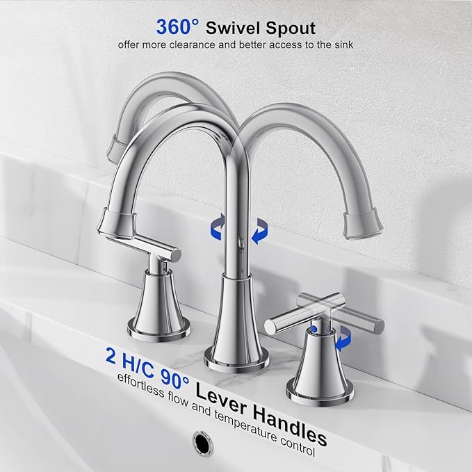 Bathroom Faucets for Sink 3 Hole, Hurran Chrome Bathroom Sink Faucet with Pop-up Drain and Supply Lines, Stainless Steel Lead-Free Widespread Faucet for Vanity RV Farmhouse, 2 Pack
