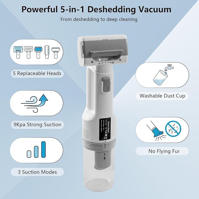 Deshedding Brush with Vacuum Suction, 5-in-1 Pet Hair Removal Tool for Dogs Cats, Cordless Undercoat Rake Removes Loose Hair, 9Kpa Pet Vacuum Cleaner for Furniture Carpet