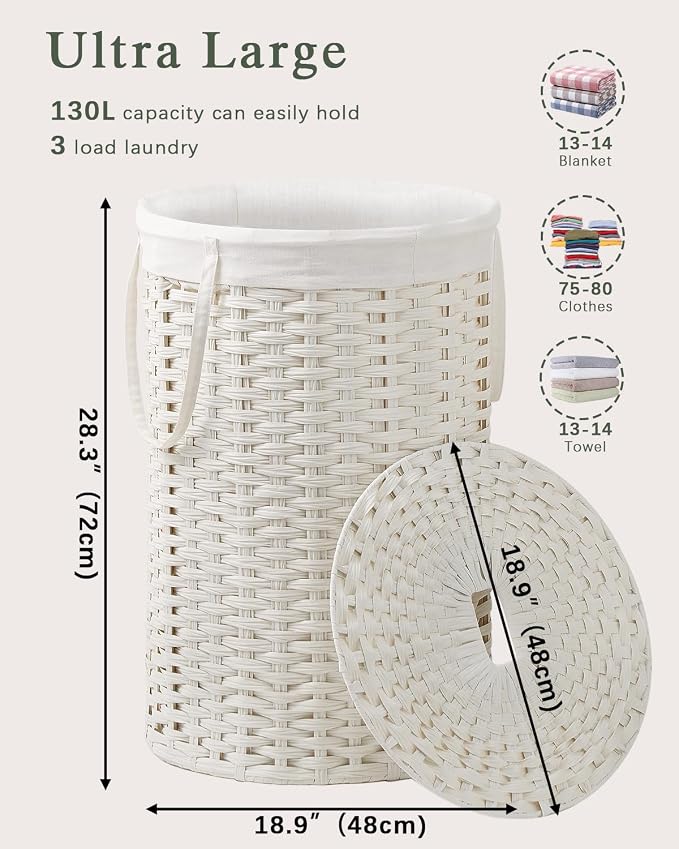 SETVSON Large Laundry Hamper Laundry Basket Round 34.3 Gal PE, White | Decorative PE Rattan Furniture Look for Bedroom, Jumbo Open-Top Laundry Hamper, Removable Bag, 2 Mesh Bags, Handles
