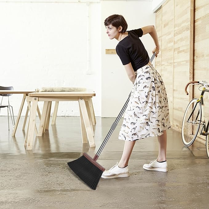 Upgrade Broom and Dustpan Set, Self-Cleaning with Dustpan Teeth, Ideal for Dog Cat Pets Home Use, Super Long Handle Upright Stand Up Broom and Dustpan Set (Brown)