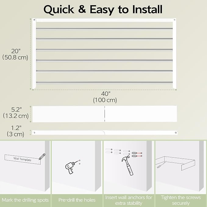 Vikaqi Wall Mounted Clothes Drying Rack 40 inches, Foldable Wall Mount Laundry Rack Folding Indoor, Drying Rack Clothing Collapsible, Hidden Space Saver with Wall Template, 6 Rods, White
