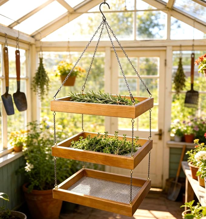 15.7"x11.8" 3-Tier Hanging Herb Drying Rack, Wooden Floral Drying Screen | Vertical Storage Dryer. Ideal For Kitchen, Balcony & Grow Tent, Dried Herbs & Blooms, Practical Gift For Home Gardeners