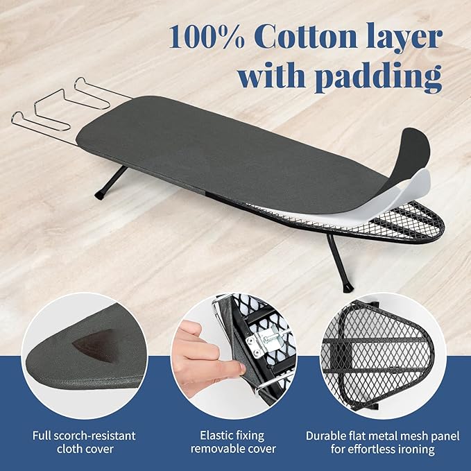 Small Ironing Board Foldable 31"x12" Black | BlissBoard Tabletop Iron Board with Cover and Pad, Metal Frame Mini Countertop Iron Table for Space Saving