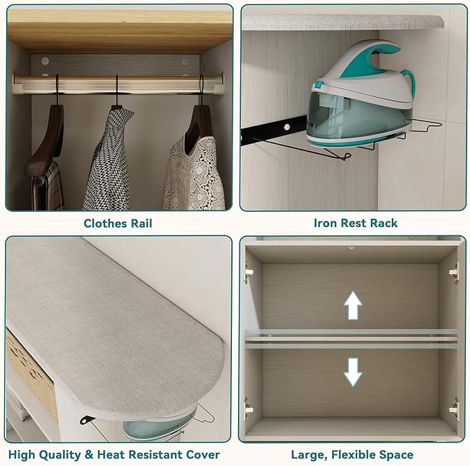 Multipurpose Rolling Ironing Board with Storage Cabinet, Wooden Ironing Cabinet with Wheels, Ironing Table with Heat-Resistant Sponge