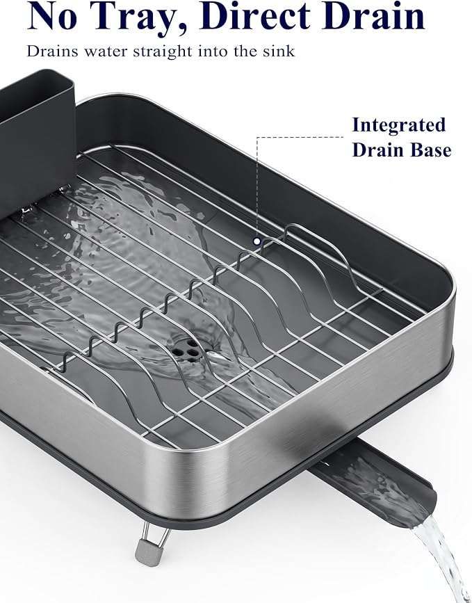 Kitsure Dish Drying Rack - Stainless Steel Dish Rack with Cutlery Holder, Rust-Resistant Wrapped Edges, Space-Saving Dish Racks for Kitchen Counter, 16.3" x 12.7" x 4.6", Black