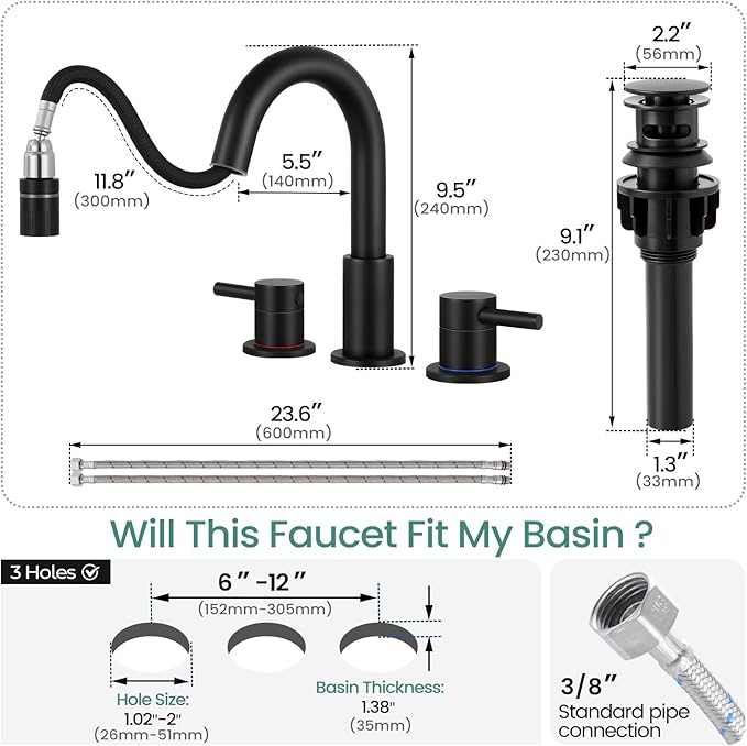 Matte Black Pull Down Bathroom Faucet 3 Hole with Pop Up Drain, Bathroom Sink Faucet with Pull Down Sprayer 2 Modes, 8 inch Widespread Gold Faucet for Bathroom Sink, 2 Handle Vanity Faucet