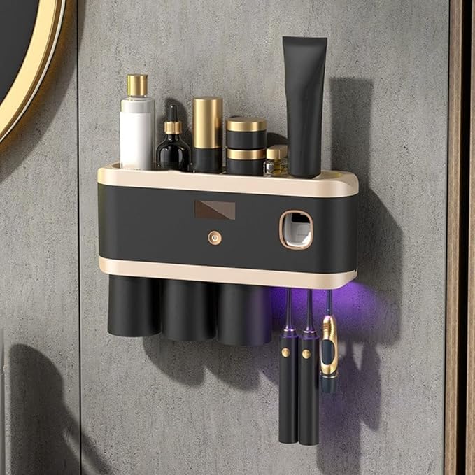 Toothbrush Rack Smart Toothbrush Holder Wall Mount Toothbrush Holder with Mouthwash Cup Automatic Toothpaste Dispenser Squeeze Kit Bathroom Toothbrush Holder(B)