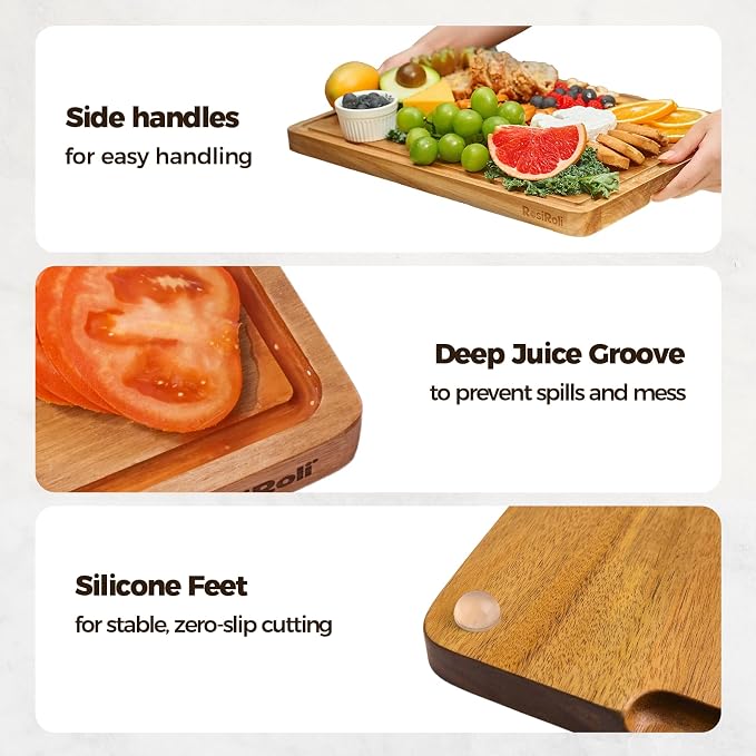 Acacia Wood Cutting Board for Kitchen, 13x10 Inch | Solid Acacia Wood, Versatile Prep and Cheese Serving Surface, Deep Juice Grooves, Non-Slip Silicone Feet, Side Handles