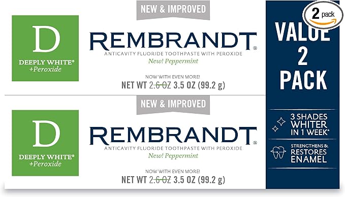 Rembrandt Deeply White + Peroxide Whitening Toothpaste, Peppermint Flavor, 3.5-Ounce (Pack of 2) (Packaging may Vary)