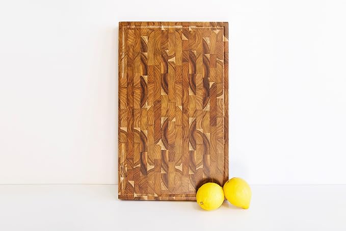 XXL Teak Wood Cutting Board for Kitchen, End Grain ExtraThick Butcher Block | 25 x 15 Inch (ExtraThick 1.7") Professional Heavy Duty Hardwood Non Toxic Wooden Chopping Board (Oil & Plate Included)