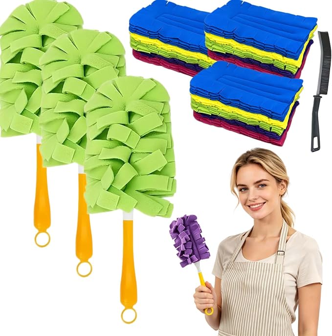 Reusable Chenille Microfiber Dust Duster Set, Duster with 5 Pcs Washable Cloth Covers, 360° Electrostatic Duster Refills, Chenille Dusters for Multi-Surface Home Cleaning Free Bathroom Brush (3set)
