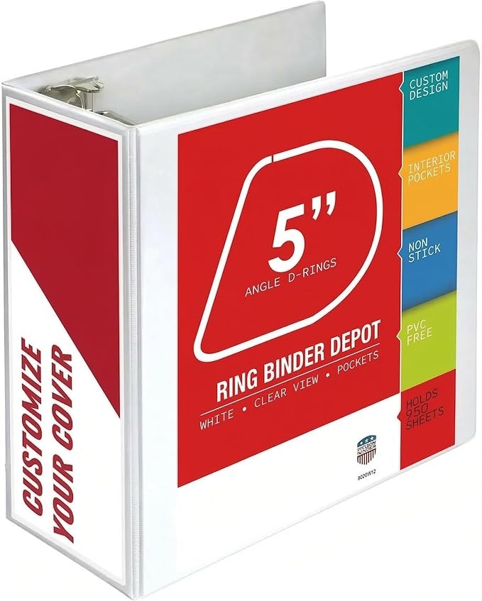 3 Ring Binder, Professional Angle D Ring Binder 5 Inch, Presentation Folder for Standard Pages 8.5 x 11 with Pockets, Crystal Clear View White