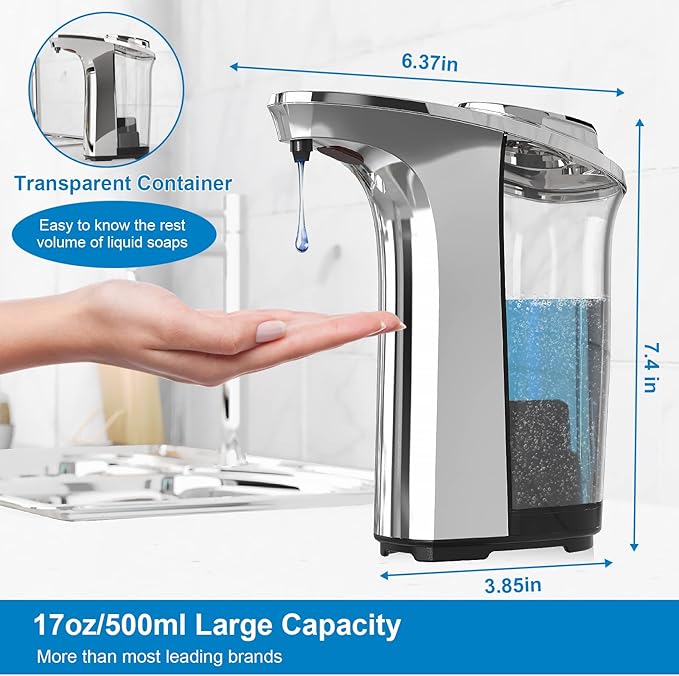 PZOTRUF Automatic Soap Dispenser, Touchless Dish Soap Dispenser 17oz/500ml with Infrared Sensor, 5 Adjustable Soap Dispensing Levels, Liquid Hand Dispenser for Bathroom Kitchen Sink (Silver)