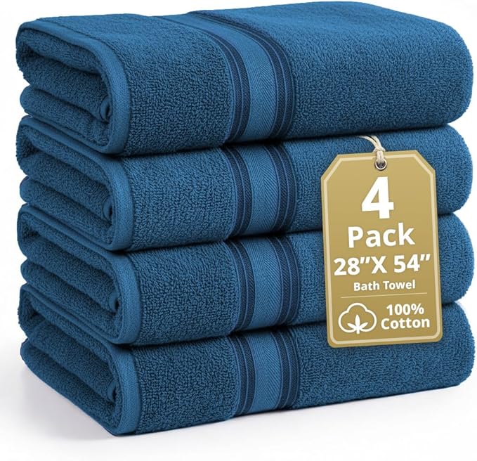 LANE LINEN 100% Cotton 4 Pack Bath Towels Set (28"x54") - Zero Twist, Large Cotton Towels for Bathroom - Quick Dry, Soft & Absorbent Bath Towel Set - Pre Shrunk, Wide Variety of Colors - Sea Port