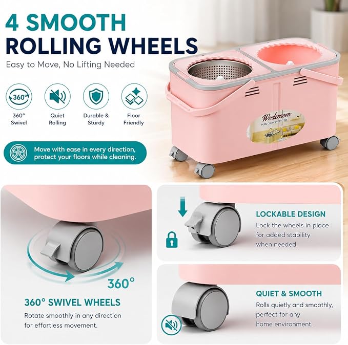 Mop and Bucket Set with Clean & Dirty Water Separation, Spin Mop with 360° Wheels & Drain, 6 Microfiber Heads,Adjustable Handle for Pet Owners, Kitchen, Bathroom, Hardwood & Tile Floors - Pink