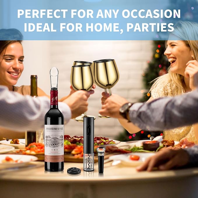 Wine Opener Electric Rechargeable, Automatic Corkscrew Set, Including Gold Wine Glass of 2, Stainless Steel Goblet, Ideal Gift for Wine Lover, Wedding, Birthday, Girl, Men