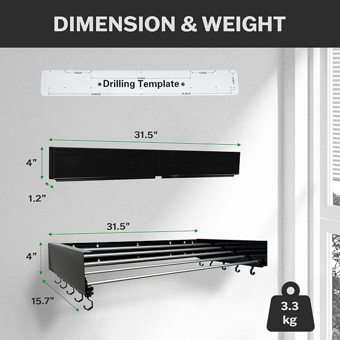 Foldable Wall Mounted Drying Rack - 31.5” Wide, 13.2 Ft Drying Space, 5 Aluminum Rods, Supports Up to 60 lbs - Retractable & Foldable Space-Saving Wall Mounted Clothes Drying Rack (Black)