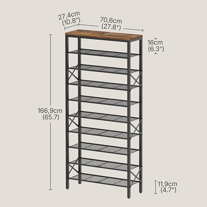 YATINEY 10 Tier Shoe Rack, Large Capacity Shoe Storage Organizer Holds 40 Pairs, Sturdy and Stable, for Entryway, Hallway, Closet, Dorm Room, Rustic Brown SS10BR
