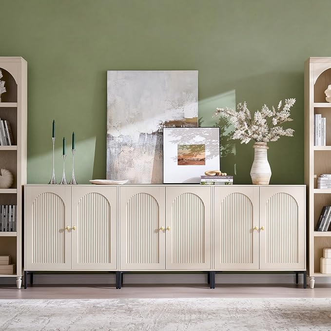 IFGET 92.63" W Modern Arched Sideboard Buffet Cabinet with Storage, Cream | Fluted Arch Sideboard Cabinet w/Adjustable Shelves, Wooden Modular Kitchen Cabinet for Dining& Living Room, Kitchen, Entryway