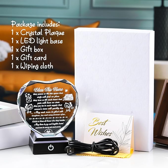 Crystal House Warming Gifts Bless This Home Heart-shaped Plaque with LED Light Base for Women Men Meaningful New Home Gifts Ideas for Family