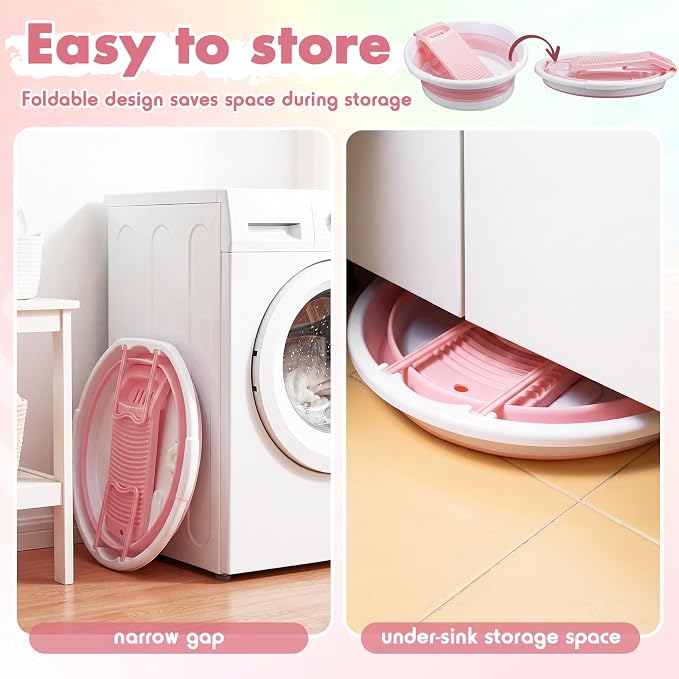 Lounsweer Large Collapsible Washboard Basin for Hand Washing Clothes with 2 Cleaning Brushes Portable Folding Laundry Tub with Non-Slip Washtub for Home Travel Camping (Pink)