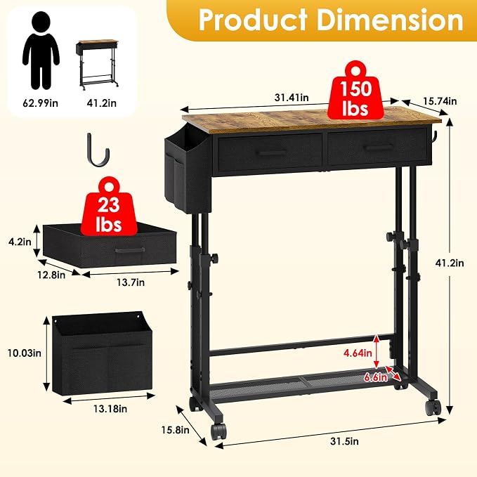 Small Rolling Standing Desk, Height Adjustable Mobile Sturdy Desk with 2 Fabric Drawers & Storage Shelf, Portable Sofa Side Laptop Table for Home Office, Small Spaces, 31.41"" x 15.74"", Rustic Brown