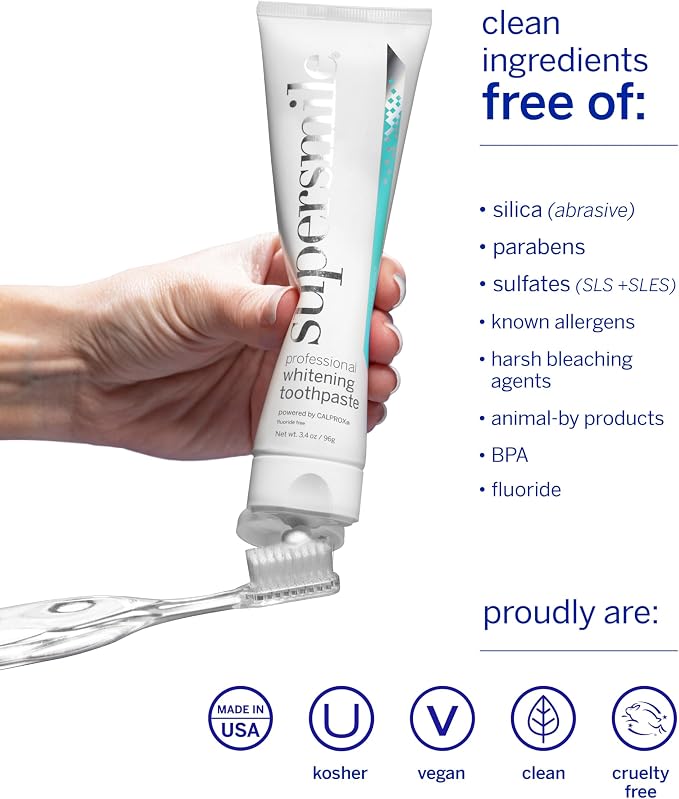 Supersmile Fluoride-Free Whitening System, 3.4 Oz Toothpaste + Accelerator | Whitens 3.6 Shades After 1 Day, RDA 65 Low Abrasion, Original Mint Flavor, Veneer Safe, Sensitivity-Free, SLS-Free