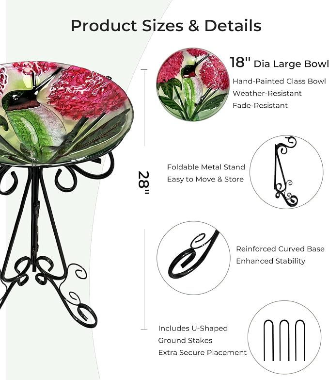 Large Glass Bird Bath with Metal Stand, Hummingbird | 18" Wide Bowl, 3.2" Bathing Depth, Thick Glass Construction, Stable 3-Leg Base, Easy Clean Surface, Garden Decor
